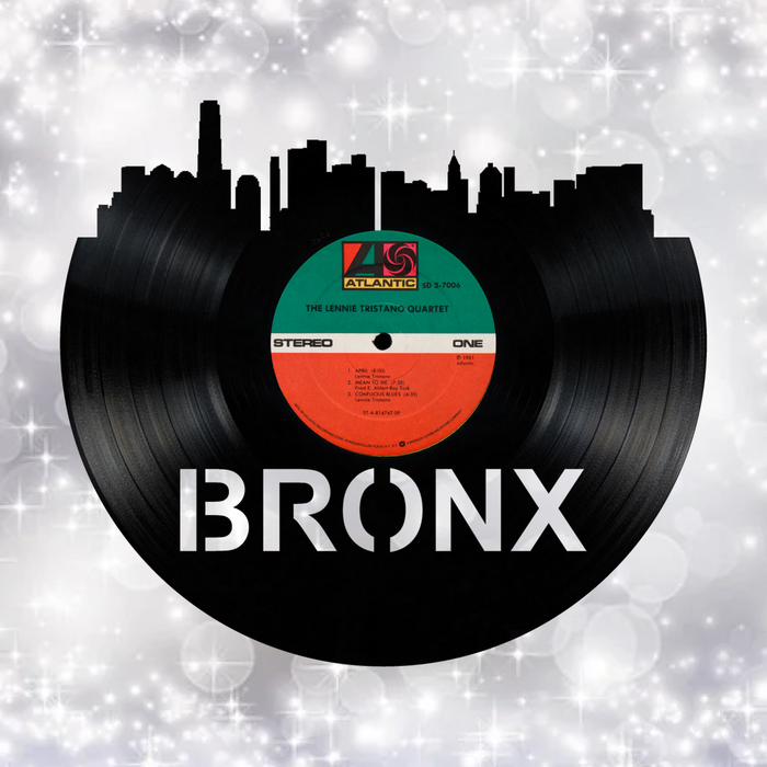 Bronx new york Skyline Vinyl record art cut from a actual vinyl record clock