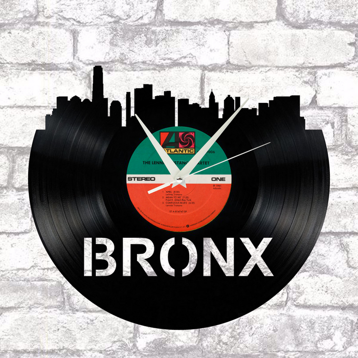 Bronx new york Skyline Vinyl record art cut from a actual vinyl record clock