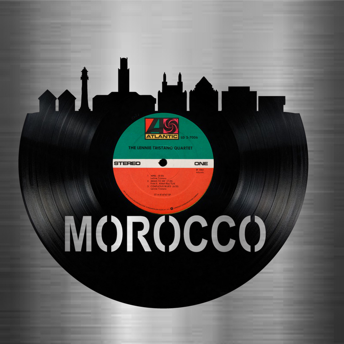 Morocco Skyline Vinyl record art cut from a actual vinyl record clock