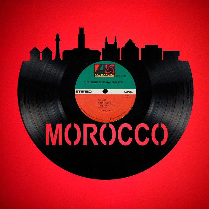 Morocco Skyline Vinyl record art cut from a actual vinyl record clock