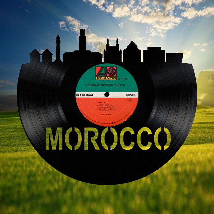 Morocco Skyline Vinyl record art cut from a actual vinyl record clock
