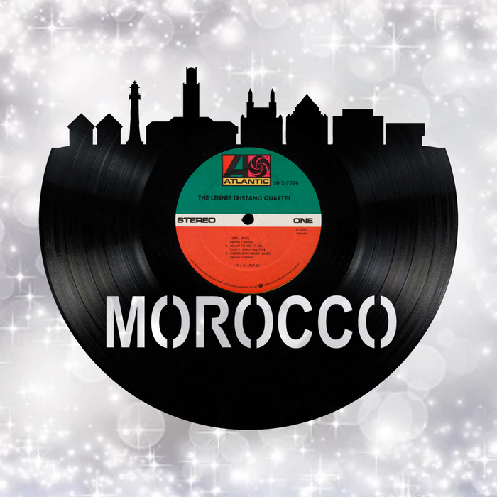 Morocco Skyline Vinyl record art cut from a actual vinyl record clock