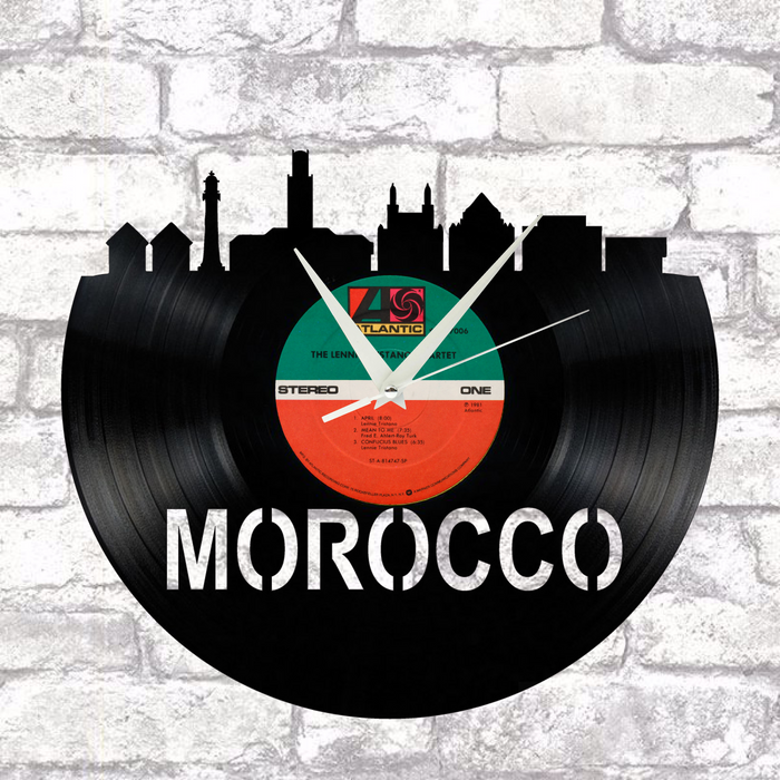 Morocco Skyline Vinyl record art cut from a actual vinyl record clock