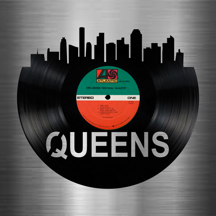 Queens New York Skyline Vinyl record art cut from a actual vinyl record clock