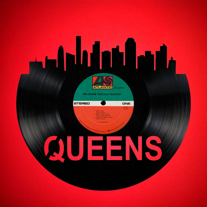 Queens New York Skyline Vinyl record art cut from a actual vinyl record clock