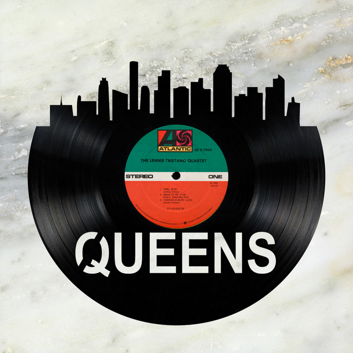 Queens New York Skyline Vinyl record art cut from a actual vinyl record clock