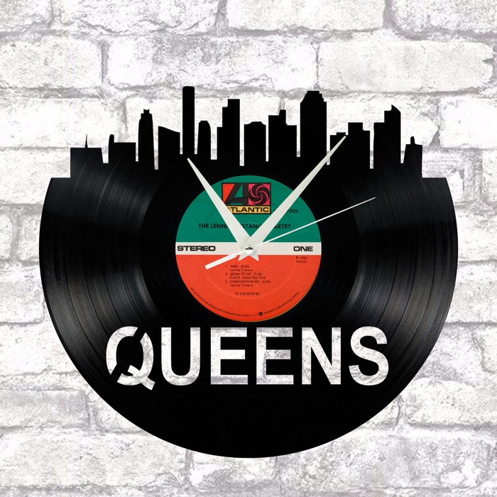 Queens New York Skyline Vinyl record art cut from a actual vinyl record clock