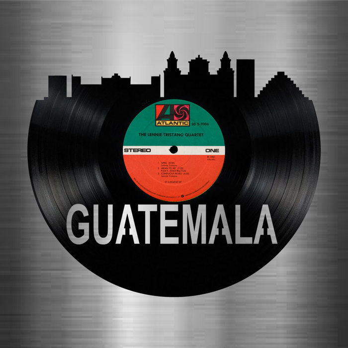 Guatemala Skyline Vinyl record art cut from a actual vinyl record clock