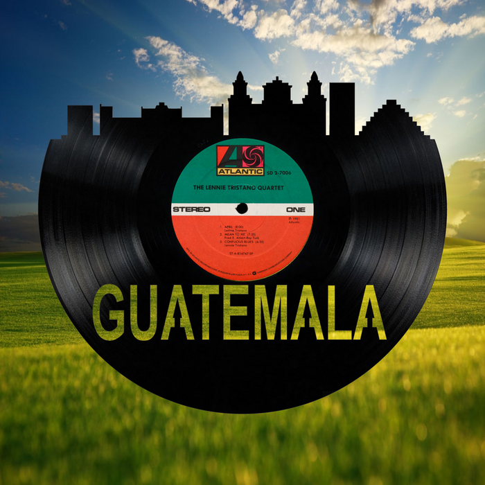 Guatemala Skyline Vinyl record art cut from a actual vinyl record clock