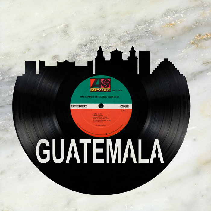 Guatemala Skyline Vinyl record art cut from a actual vinyl record clock
