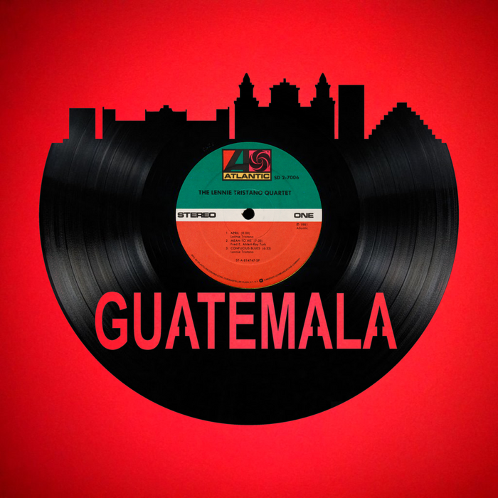 Guatemala Skyline Vinyl record art cut from a actual vinyl record clock