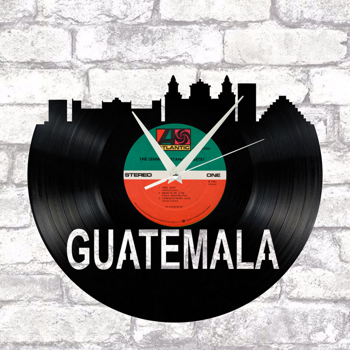 Guatemala Skyline Vinyl record art cut from a actual vinyl record clock