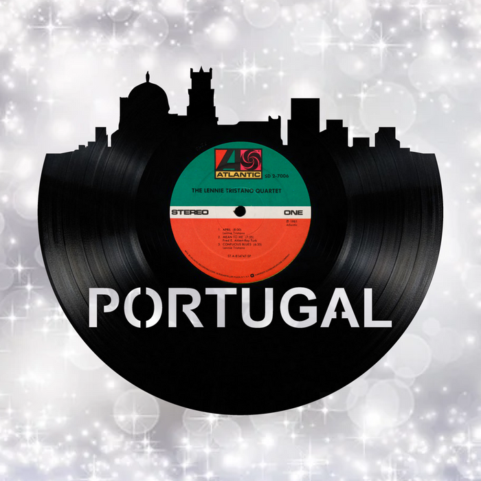 Portugal Skyline Vinyl record art cut from a actual vinyl record clock