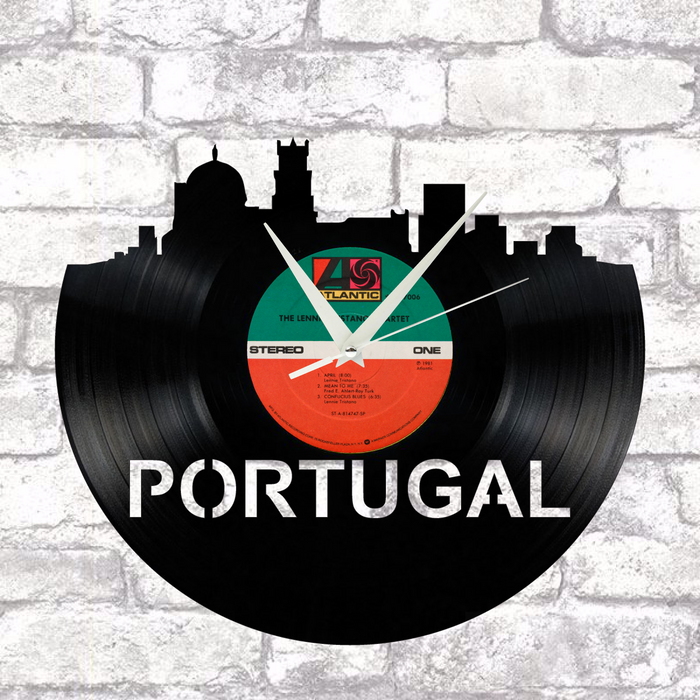 Portugal Skyline Vinyl record art cut from a actual vinyl record clock