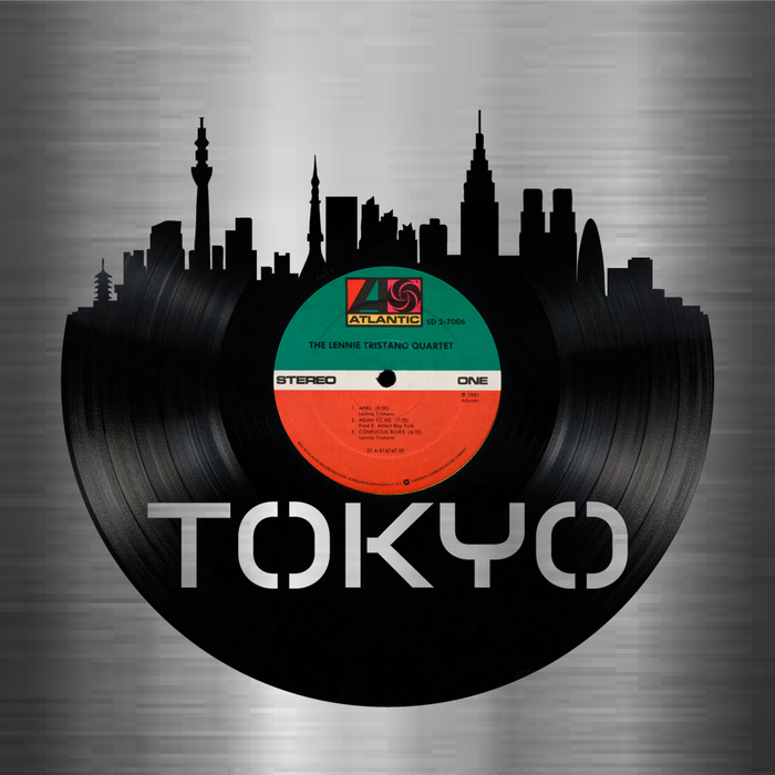 Tokyo Japan Skyline Vinyl record art cut from a actual vinyl record clock