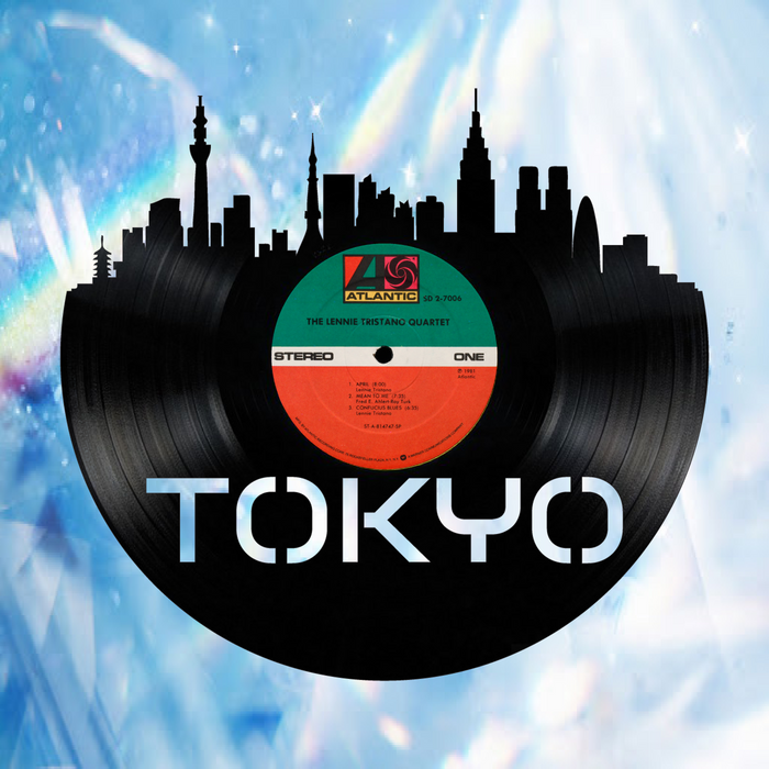 Tokyo Japan Skyline Vinyl record art cut from a actual vinyl record clock
