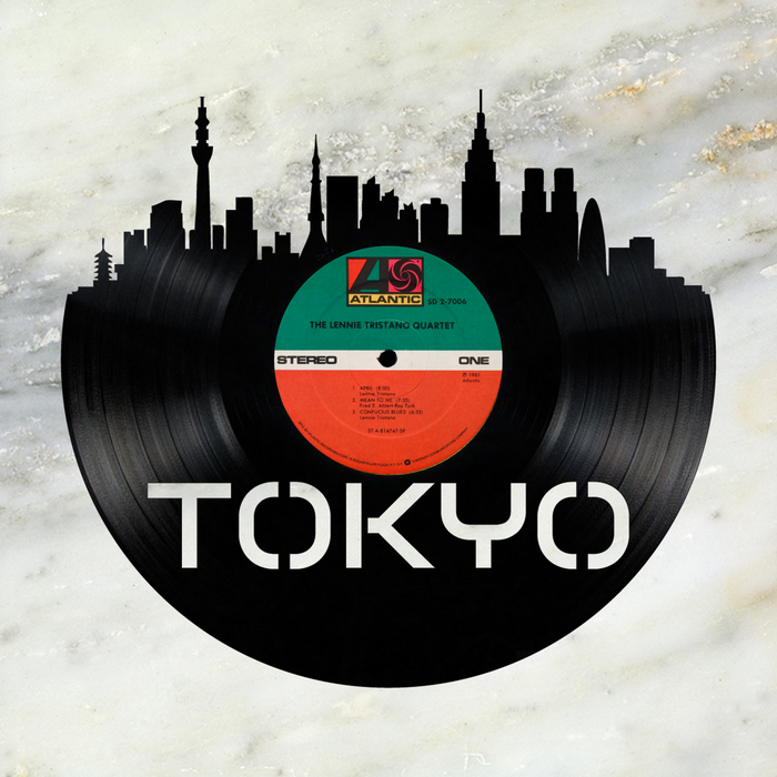 Tokyo Japan Skyline Vinyl record art cut from a actual vinyl record clock
