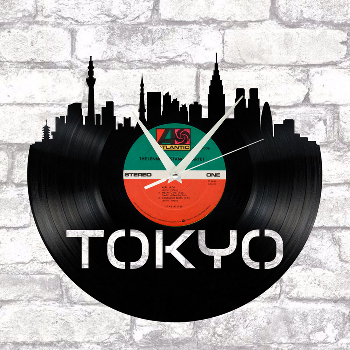 Tokyo Japan Skyline Vinyl record art cut from a actual vinyl record clock
