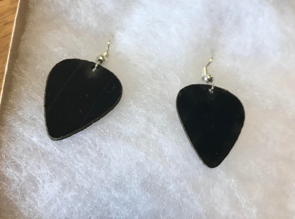 guitar pick earings made from recycled vinyl records