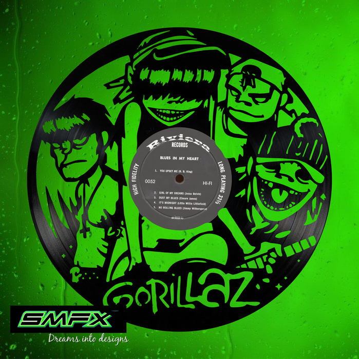 gorillaz Laser Cut Vinyl Record artist representation or vinyl clock