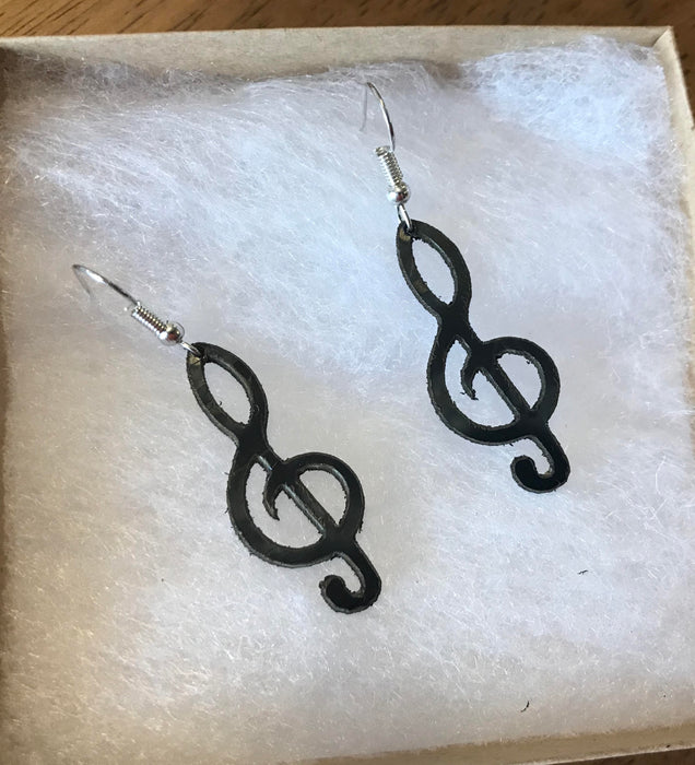 treble clef note earings made from recycled vinyl records