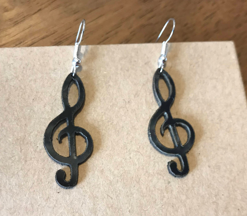 treble clef note earings made from recycled vinyl records